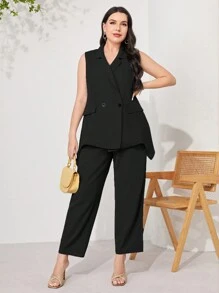 Modelyn Áo vest Plus size Nút đôi màu trơn Giải trí - màu đen - Xem 6