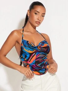 SHEIN BAE 大理石紋圖案後背繫帶掛脖上衣 - 彩色 - 查看 1