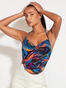 SHEIN BAE 大理石紋圖案後背繫帶掛脖上衣 - 彩色 - 查看 4