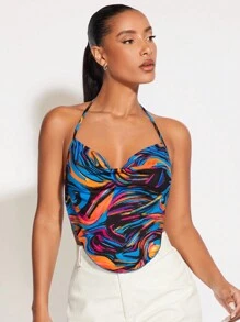 SHEIN BAE 大理石紋圖案後背繫帶掛脖上衣 - 彩色 - 查看 5