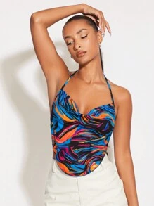 SHEIN BAE 大理石紋圖案後背繫帶掛脖上衣 - 彩色 - 查看 6