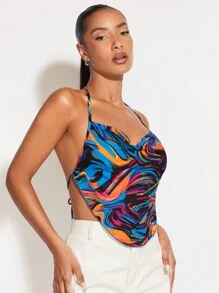 SHEIN BAE 大理石紋圖案後背繫帶掛脖上衣 - 彩色 - 查看 7