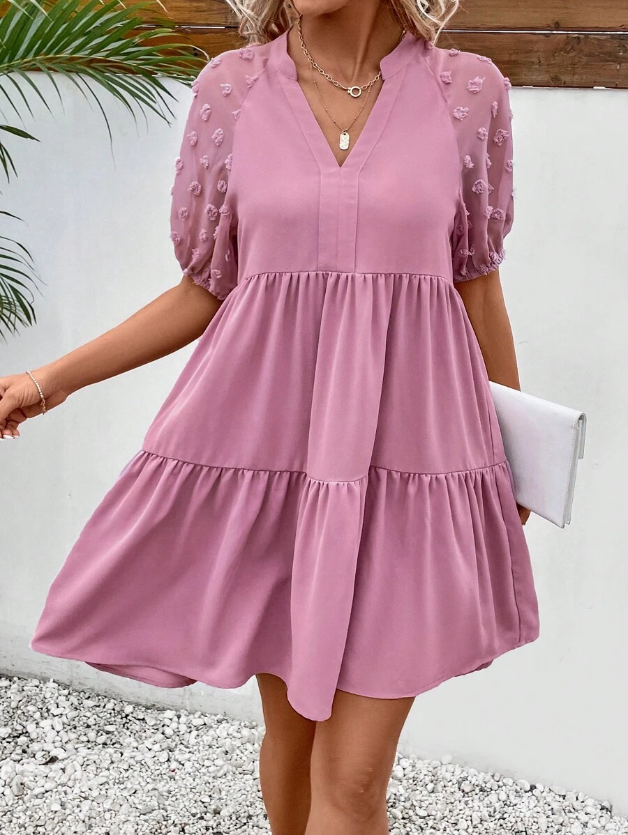 SHEIN LUNE Vestido smock de lunares de manga raglán bajo con fruncido