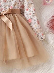 SHEIN Baby Girl Floral Print Ruffle Trim Mesh Hem Belted Dress With Headband