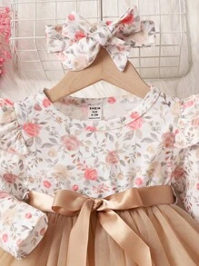 SHEIN Baby Girl Floral Print Ruffle Trim Mesh Hem Belted Dress With Headband