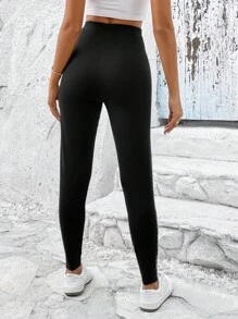 SHEIN LUNE 水鑽細節寬腰帶緊身打底褲 - 黑色 - 查看 4