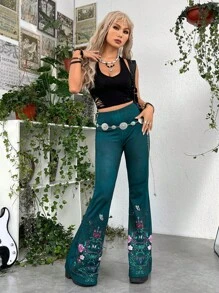 ROMWE PUNK Floral Print Flare Leg Trousers Without Belt - Teal Blue - View 6