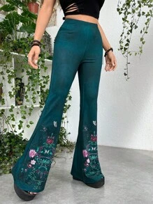 ROMWE PUNK Floral Print Flare Leg Trousers Without Belt - Teal Blue - View 1