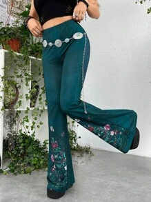 ROMWE PUNK Floral Print Flare Leg Trousers Without Belt - Teal Blue - View 5