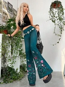 ROMWE PUNK Floral Print Flare Leg Trousers Without Belt - Teal Blue - View 3