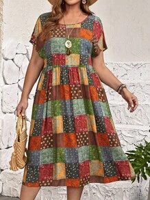 EMERY ROSE Plus Patchwork Print Batwing Sleeve Smock Dress, Summer,Beach Dress Sundress,Holiday Outfits Boho,Flower/Vacation/Spring - Multicolor - View 1