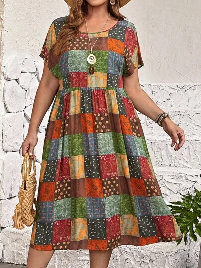 EMERY ROSE Vestido estilo smock con mangas murciélago y estampado patchwork, para verano