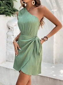 SHEIN Frenchy 素色單肩圍裹下擺側打結連衣裙 - 綠色 - 查看 6