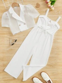 SHEIN 女孩泡泡袖襯衫&腰帶吊帶連體褲 - 白色 - 查看 1