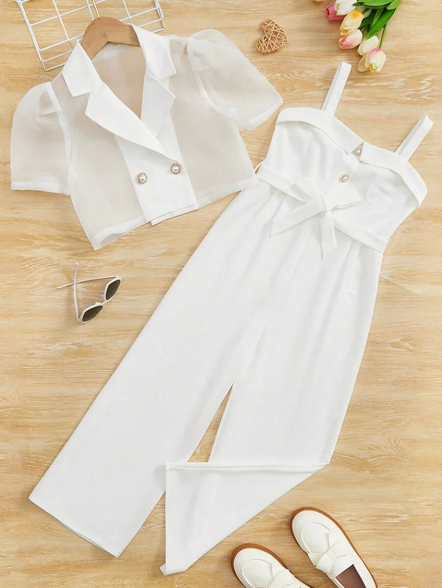 SHEIN 女孩泡泡袖襯衫&腰帶吊帶連體褲 - 白色 - 查看 1