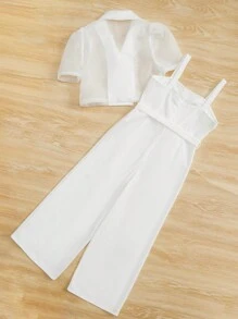 SHEIN 女孩泡泡袖襯衫&腰帶吊帶連體褲 - 白色 - 查看 2