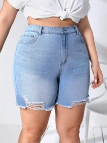 SHEIN Essnce Quần short denim oversized Nút Túi Dây kéo Hem thô Bị tách màu trơn - Rửa nhẹ - Xem 2