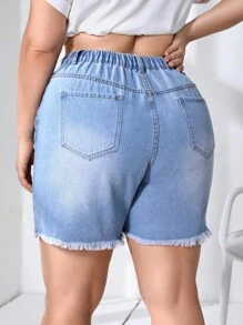 SHEIN Essnce Quần short denim oversized Nút Túi Dây kéo Hem thô Bị tách màu trơn - Rửa nhẹ - Xem 3