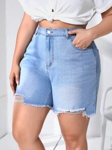 SHEIN Essnce Quần short denim oversized Nút Túi Dây kéo Hem thô Bị tách màu trơn - Rửa nhẹ - Xem 5