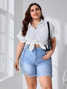 SHEIN Essnce Quần short denim oversized Nút Túi Dây kéo Hem thô Bị tách màu trơn - Rửa nhẹ - Xem 6