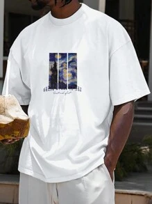 Manfinity Homme 男士棉字母圖案T恤 - 白色 - 查看 1