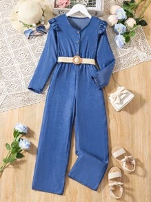 SHEIN 女大童荷葉邊前紐扣連身褲 - 藍色 - 查看 1