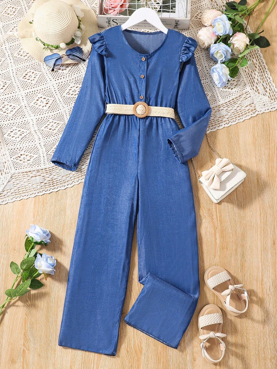 SHEIN 女大童荷葉邊前紐扣連身褲 - 藍色 - 查看 1