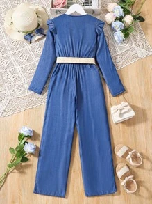 SHEIN 女大童荷葉邊前紐扣連身褲 - 藍色 - 查看 2