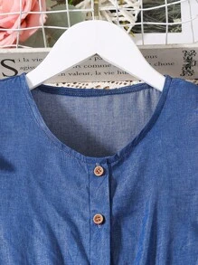 SHEIN 女大童荷葉邊前紐扣連身褲 - 藍色 - 查看 5