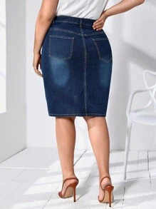 EMERY ROSE Plus Slant Pocket Denim Skirt - Dark Wash - View 2