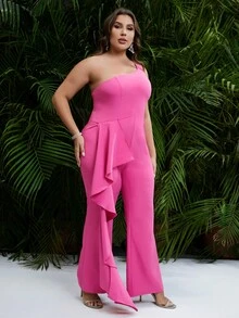Double Crazy Plus One Shoulder Ruffle Trim Jumpsuit - Hot Pink - View 6