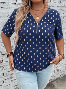 SHEIN LUNE 大碼燙金半拉鏈襯衫 - 藏蓝色 - 查看 1