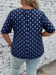 SHEIN LUNE 大碼燙金半拉鏈襯衫 - 藏蓝色 - 查看 2