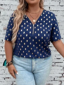 SHEIN LUNE 大碼燙金半拉鏈襯衫 - 藏蓝色 - 查看 3