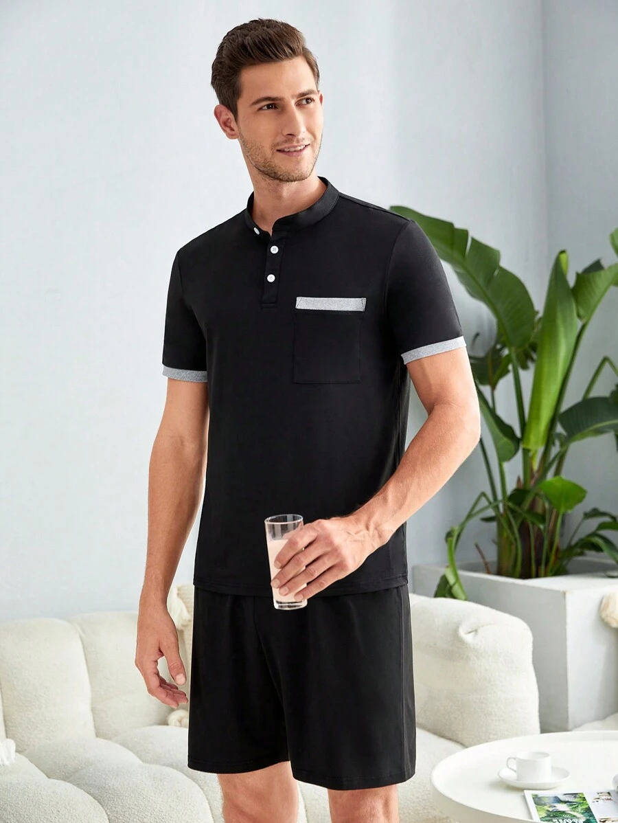 Men Contrast Trim Polo Shirt & Shorts PJ Set - Black - View 1