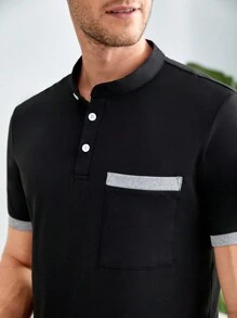 Men Contrast Trim Polo Shirt & Shorts PJ Set - Black - View 3