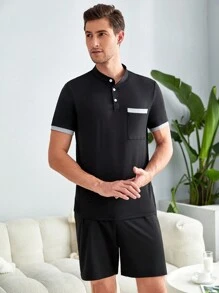 Men Contrast Trim Polo Shirt & Shorts PJ Set - Black - View 4