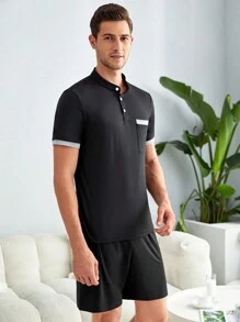 Men Contrast Trim Polo Shirt & Shorts PJ Set - Black - View 5