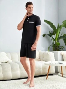 Men Contrast Trim Polo Shirt & Shorts PJ Set - Black - View 6