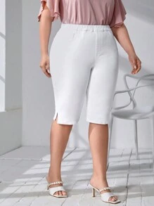 SHEIN Essnce 大碼下擺開叉七分牛仔褲 - 白色 - 查看 2