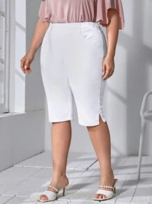 SHEIN Essnce 大碼下擺開叉七分牛仔褲 - 白色 - 查看 5