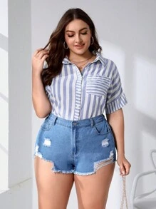 SHEIN Essnce 大碼破洞毛邊牛仔短褲 - 藍色 - 查看 1