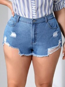 SHEIN Essnce 大碼破洞毛邊牛仔短褲 - 藍色 - 查看 5