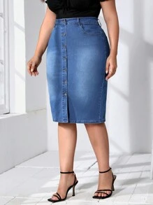EMERY ROSE Plus High Waist Button Front Denim Skirt - Medium Wash - View 4