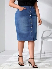 EMERY ROSE Plus High Waist Button Front Denim Skirt - Medium Wash - View 5