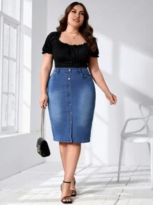 EMERY ROSE Plus High Waist Button Front Denim Skirt - Medium Wash - View 6