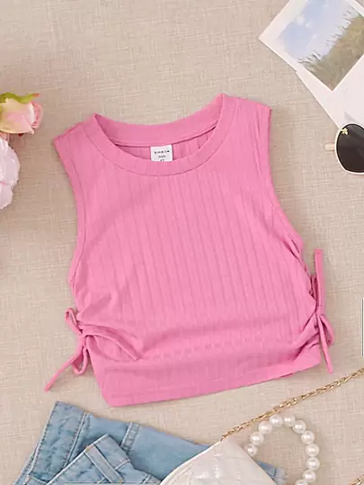 SHEIN Solid Color Casual Round Neck Tank Top With Pleated Hem And Side Knot Detail For Young Girls