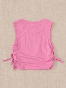 SHEIN 年輕女孩的純色休閒圓領坦克上衣，帶有褶皺邊緣和側面打結細節 - 淺粉色 - 查看 2