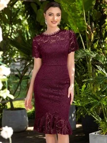 MIUSOL 魚尾裙下擺花卉蕾絲派對酒會禮服