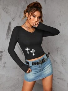 Vượt qua In Áo phông Crop - màu đen - Xem 1